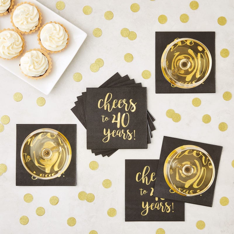 BLUE PANDA 40th Birthday Napkins - 5 x 5 In, 50-Pack, 3-Ply, Black & Gold Foil - Cheers to 40 Years & Cocktail Napkins for Birthday Party Decor - Image 2